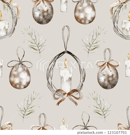 Easter candles seamless pattern. Watercolor religious background for holiday textiles or wrapping paper. Design for Easter products and wallpaper. 123107701