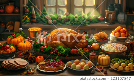 autumn-themed holiday dinner with roasted turkey and seasonal dishes 123107847