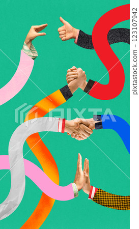 Multiple hands engage in various gestures of agreement, conflict, and connection, symbolizing diverse communication in teamwork. 123107942