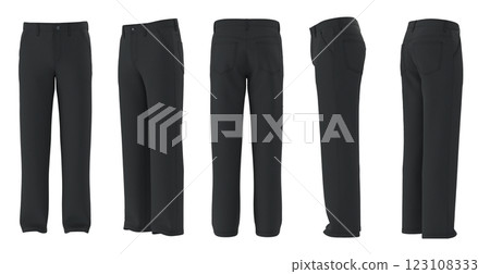 Mens Black Pants Mockup, Front, Back, Side, 34 View, Straight Fit, 3D Render Mens Black Pants Mockup, Front, Back, Side, 34 View, Straight Fit, 3D Render 123108333