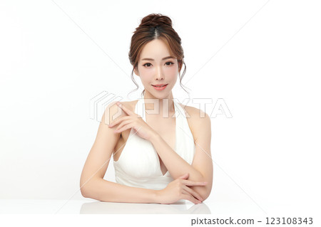 Beautiful young asian woman with clean fresh skin on white background, Face care, Facial treatment, Cosmetology, beauty and spa, Asian women portrait. Beautiful young asian woman with clean fresh skin on white background, Face care, Facial treatment, Cosmetology, beauty and spa, Asian women portrait. 123108343