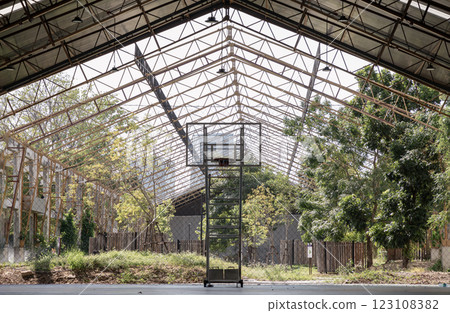 Basketball backboard with the hoop metal ring inside indoor basketball court at city park. Basketball backboard with the hoop metal ring inside indoor basketball court at city park. 123108382