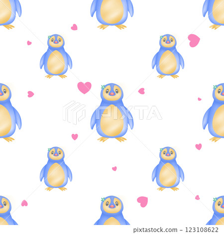 Seamless pattern of penguins and hearts for fabric design, gift wrapping paper, cards, or background 123108622