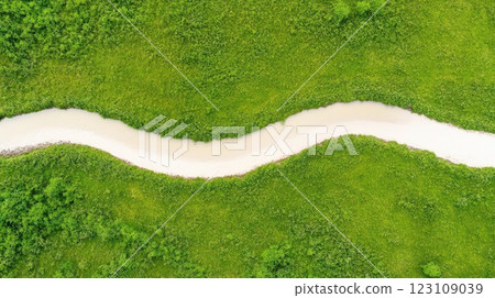 Capturing a muted aerial view of a winding river cutting through golden fields, using a cinematic drone perspective to highlight earthy tones. Capturing a muted aerial view of a winding river cutting through golden fields, using a cinematic drone perspective to highlight earthy tones. 123109039