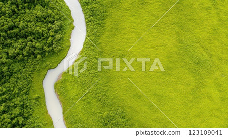 Muted aerial shot of winding river through golden fields, cinematic drone perspective, earthy tones Muted aerial shot of winding river through golden fields, cinematic drone perspective, earthy tones 123109041