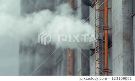 The desaturated industrial factory scene featured moody smoke trails and high-contrast metallic textures, creating a gritty and atmospheric setting. 123109091