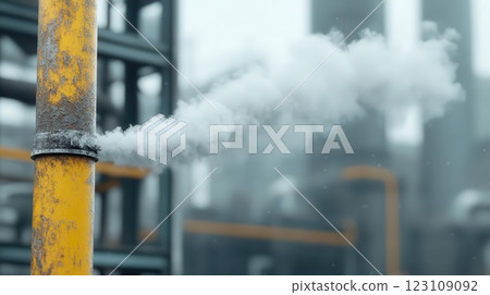 Desaturated industrial factory scene, moody smoke trails, high-contrast metallic textures 123109092