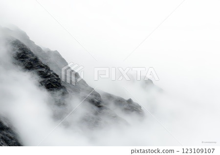 Nestled within the cinematic landscape of a foggy mountain valley lies a monochrome mood, vast depth, and enigmatic atmosphere that captivates the senses. 123109107