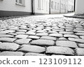 Black-and-white cobblestone street scene, vintage charm, timeless aesthetic, soft morning glow. 123109112