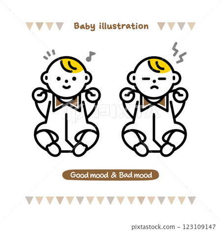 簡單可愛的嬰兒線描插圖。脾氣暴躁的嬰兒和易怒的嬰兒 123109147