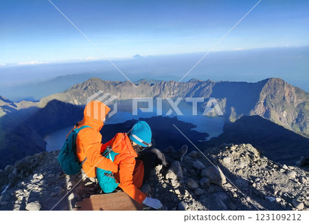 couple of  hikers at submit of  Mount Rinjani,Lombok,Indonesia. 123109212