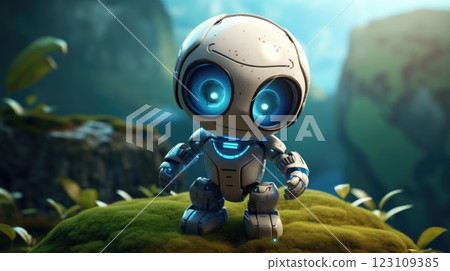 cute little robot in green nature illustration 123109385