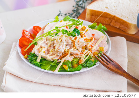 Homemade chicken ham and vegetable salad 123109577