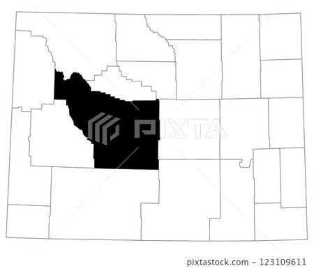 Map of Fremont County in Wyoming state on white background. single County map highlighted by black colour on Wyoming map. UNITED STATES, US 123109611