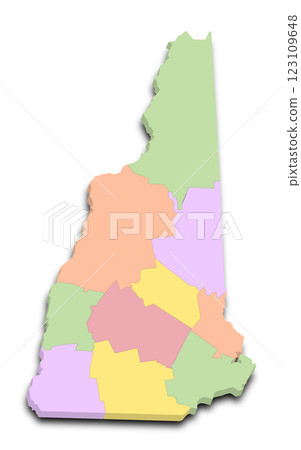 New Hampshire map 3d with counties highlighted by multiple colors 123109648