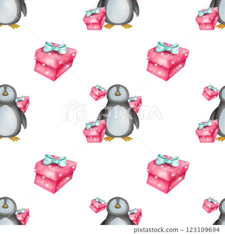 Seamless pattern of penguins and red gift boxes for fabric design, gift wrapping paper, cards, or background Seamless pattern of penguins and red gift boxes for fabric design, gift wrapping paper, cards, or background 123109694