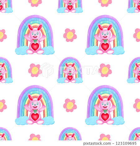 Seamless pattern of pink bunny, rainbow and flower for fabric design, gift wrapping paper, cards, or background Seamless pattern of pink bunny, rainbow and flower for fabric design, gift wrapping paper, cards, or background 123109695