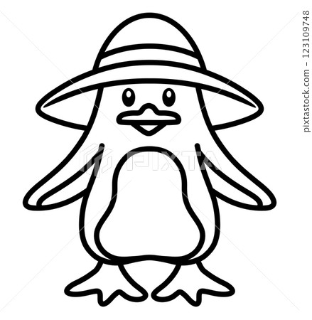 Line drawing of a penguin wearing a straw hat 123109748