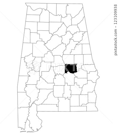 Map of Elmore County in Alabama state on white backround. single County map highlighted by black color on Alabama map. UNITED STATES, US 123109938