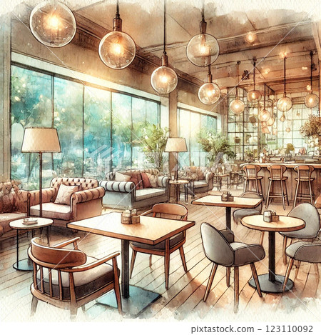 Inside a stylish cafe during the day 123110092