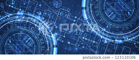 Abstraction on the theme of tech circles. Scientific and technological background. Blue gradient on the background. 123110106