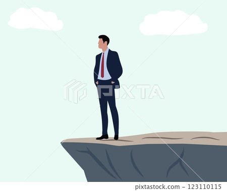 businessman in a suit standing confidently on the edge of a cliff, symbolizing risk-taking, decision-making, leadership, and facing challenges in the corporate world. Suitable for business concepts, businessman in a suit standing confidently on the edge of a cliff, symbolizing risk-taking, decision-making, leadership, and facing challenges in the corporate world. Suitable for business concepts, 123110115