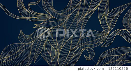 Vector art deco leaves pattern, line floral luxury background. Vintage wave plant modern ornament, graphic jungle fancy illustration. 123110236
