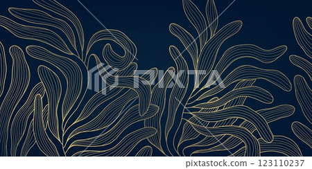 Vector art deco leaves pattern, line floral luxury background. Vintage wave plant modern ornament, graphic jungle fancy illustration. 123110237