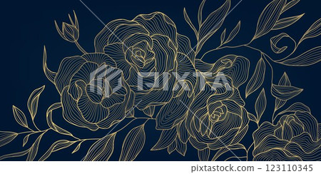 Vector set of roses, gold art flowers, luxury design illustration. Art deco fancy nature elegant drawing, japanese bloom, garden elements. 123110345