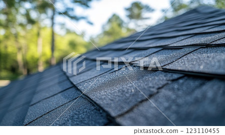 Roof shingles glistening in morning light at a residential property surrounded by greenery during the early hours of a sunny day 123110455