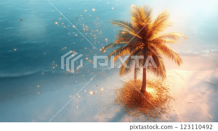 Golden palm tree overlooking tranquil ocean waves on a serene beach at sunset, creating a peaceful and idyllic atmosphere 123110492