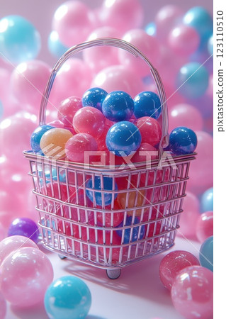 Colorful basket filled with shiny decorative spheres among pastel spheres creating a playful atmosphere 123110510
