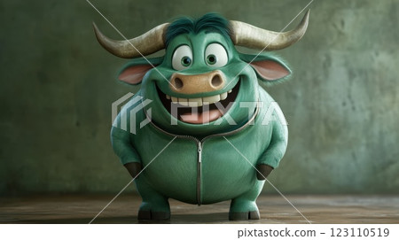 Playful cartoon bull character in a green jacket standing in a colorful and cheerful setting with a big smile and friendly demeanor 123110519