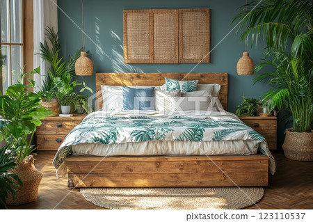 Cozy bedroom with wooden furniture and tropical decor images in a sunlit space featuring lush plants and earthy tones 123110537