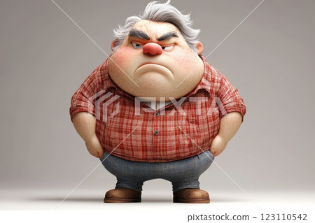 Character standing with a grumpy expression in a plaid shirt and denim pants in a neutral background 123110542