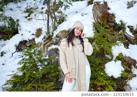 Serene Winter Portrait of a Woman in a Snowy Mountain Landscape, Wearing a Cream Chunky-Knit Sweater and Beige Knitted Scarf, with a Contemplative Expression, Surrounded by Fresh Snow and Evergreen Serene Winter Portrait of a Woman in a Snowy Mountain Landscape, Wearing a Cream Chunky-Knit Sweater and Beige Knitted Scarf, with a Contemplative Expression, Surrounded by Fresh Snow and Evergreen 123110615