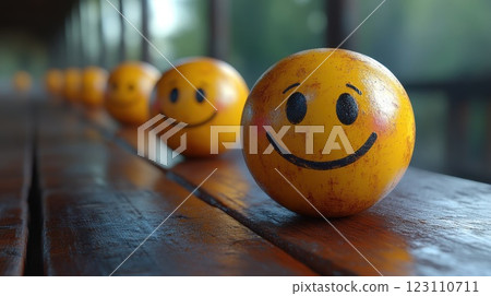 Bright yellow smiley balls lined up on a wooden table in a serene outdoor location during daylight 123110711