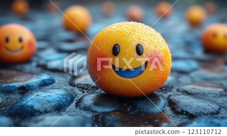 Smiling orange balls with raindrops on colorful pebbles display a joyful atmosphere in a vibrant street setting 123110712