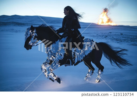Woman rides a galloping horse adorned with reflective armor in a snowy landscape at dusk near a distant explosion 123110734
