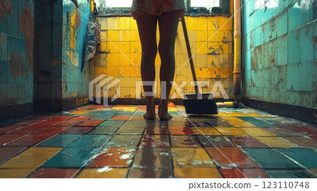 Cleaning a vibrant tiled floor in a worn interior space during daylight, illustrating routine maintenance and the beauty of everyday life 123110748