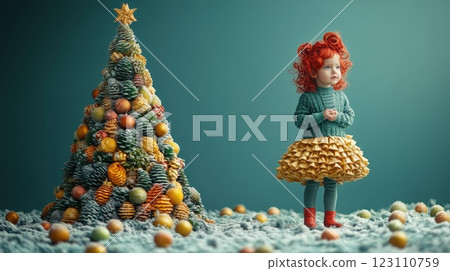 Little girl in colorful dress stands beside creatively decorated Christmas tree made of pine cones and ornaments during winter celebration Little girl in colorful dress stands beside creatively decorated Christmas tree made of pine cones and ornaments during winter celebration 123110759