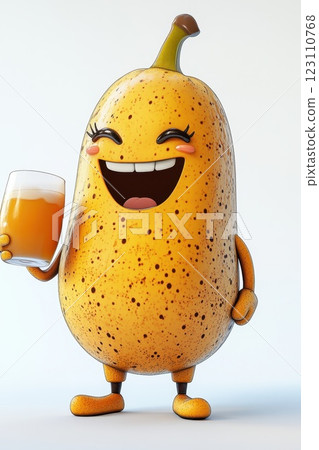 Cheerful cartoon character resembling a pear holding a drink and smiling brightly in a light backdrop with playful, vibrant colors 123110768