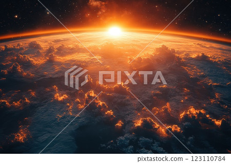 Stunning sunset over the clouds seen from space highlighting the beauty of Earth's atmosphere and the vastness of the universe at dusk 123110784