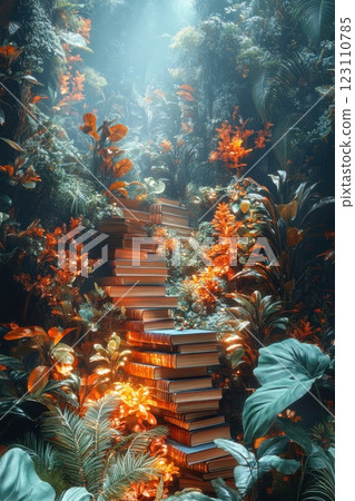 Stairway of books surrounded by lush greenery and vibrant flowers in a tranquil, sunlit forest setting 123110785