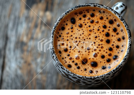 Delicious cup of fresh brewed coffee with creamy froth on wooden table in cozy setting during morning hours 123110798