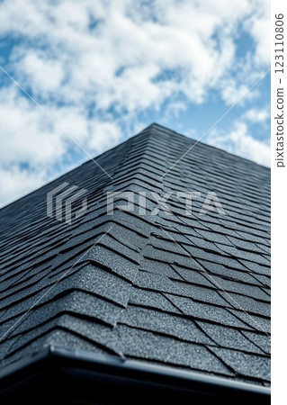 Roof shingles under a blue sky with scattered clouds during the day in a suburban neighborhood 123110806