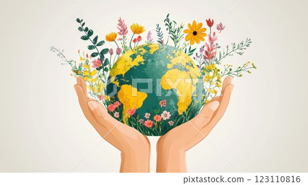 Hands holding a colorful globe surrounded by vibrant flowers symbolizing nature's beauty and the importance of environmental conservation 123110816