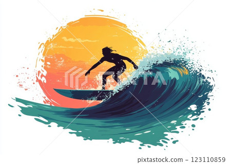Surfer riding a vibrant wave during sunset at a tropical beach creating an exhilarating atmosphere for water sports enthusiasts and nature lovers 123110859