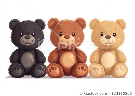 Three adorable teddy bears in varied colors sitting together with cheerful expressions in a bright and playful style suitable for children's decoration or gifts 123110860
