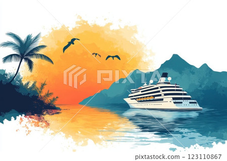 Cruise ship sailing towards sunset with mountains and palm trees in scenic bay Cruise ship sailing towards sunset with mountains and palm trees in scenic bay 123110867